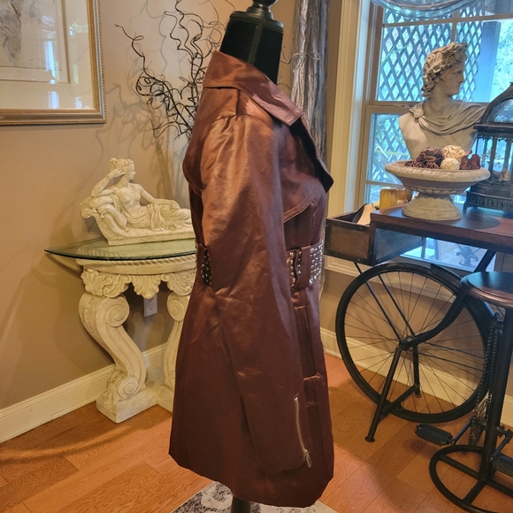 Bebe Studded Trench Coat in Burgundy. Satin Touch Fabric. Fully Lined. Size M. - Picture 11 of 14